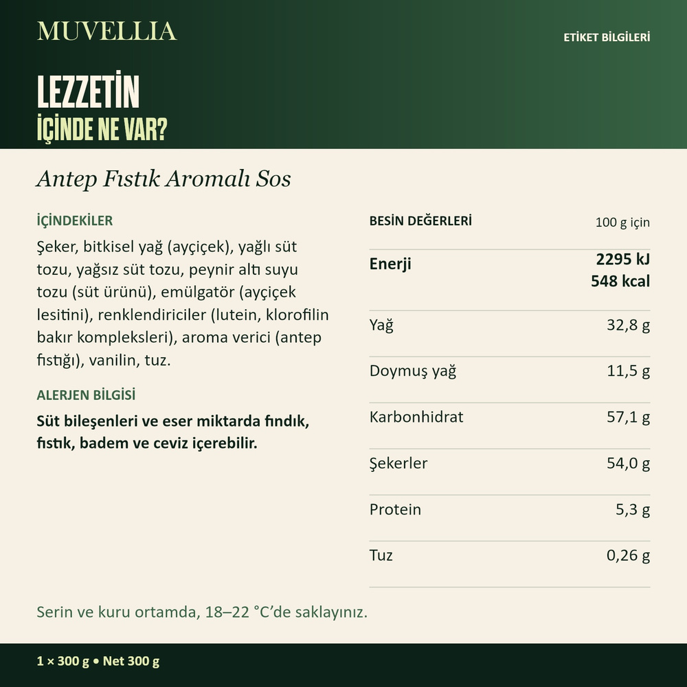 Muvellia Antep Fıstık Aromalı Sos Waffle Krep Pankek 300 g