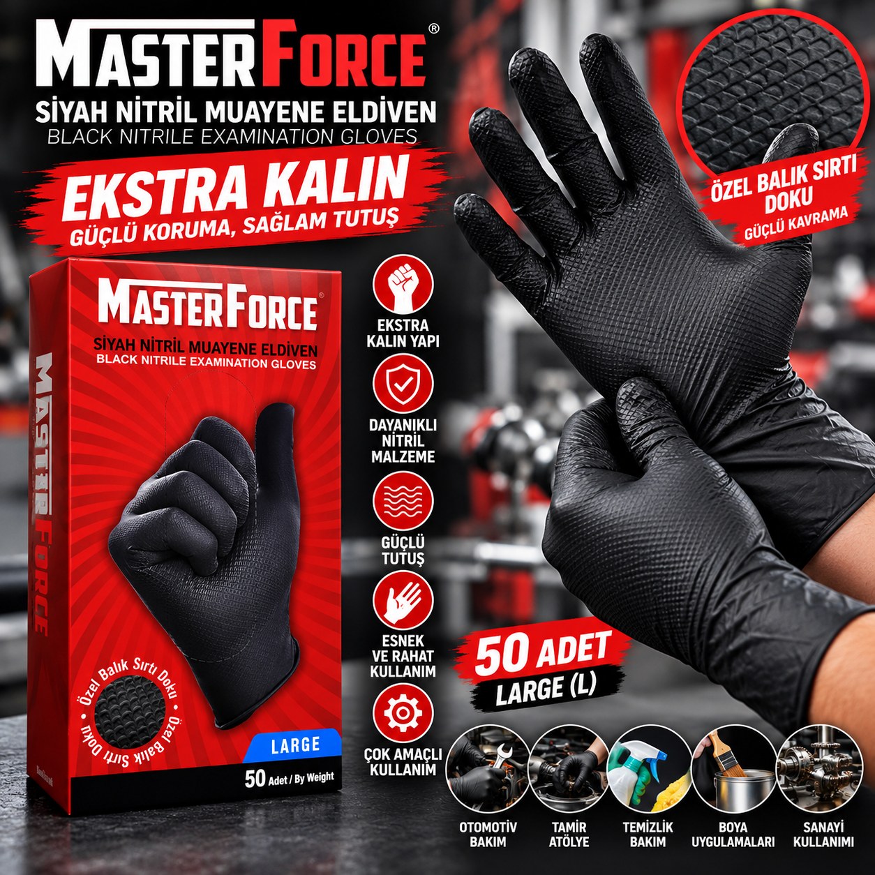 MasterForce Ekstra Kalın Siyah Nitril Eldiven – Özel Balık Sırtı Dokulu – 50 Adet