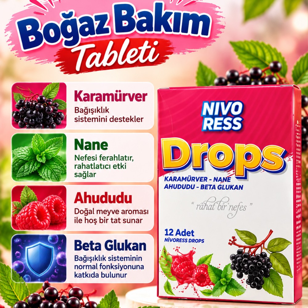 Nivoress Drops Boğaz Pastili ve Şekeri 4 Adet -  Farklı Meyve & Bitki Aroması Çeşidiyle