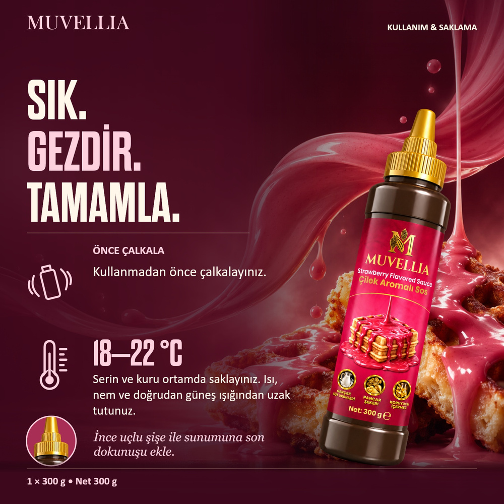 Muvellia Çilek Aromalı Sos Waffle Krep Pankek 300 g