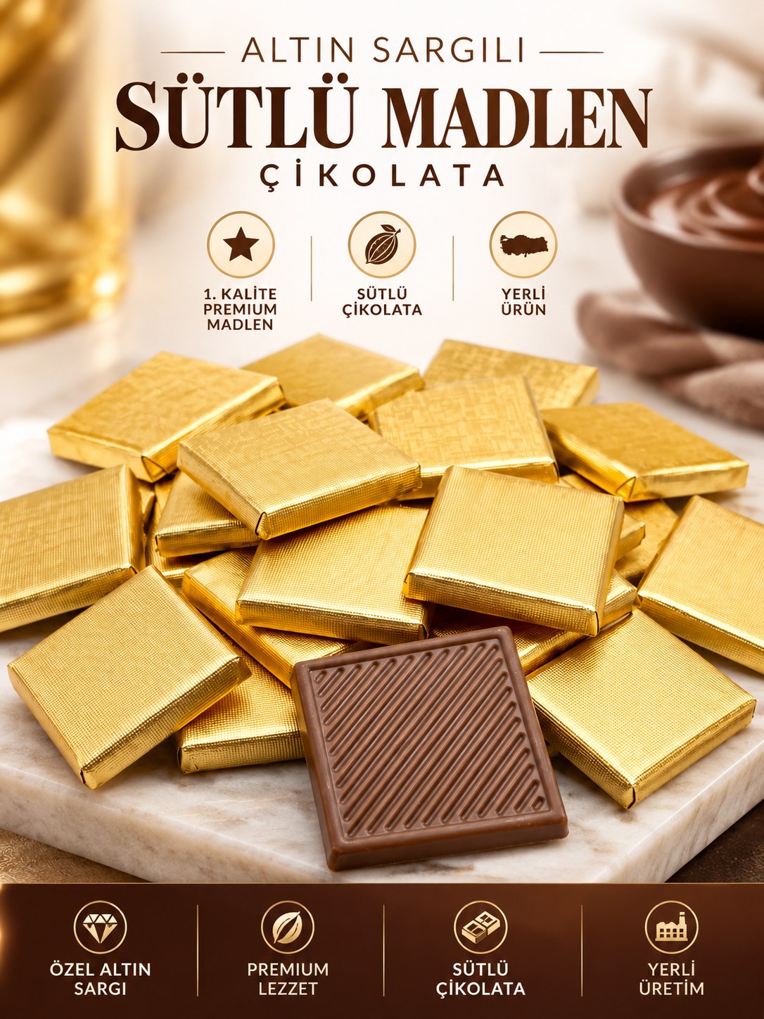 MUVI CHOCO ALTIN SARGILI SÜTLÜ MADLEN ÇİKOLATA 250 G