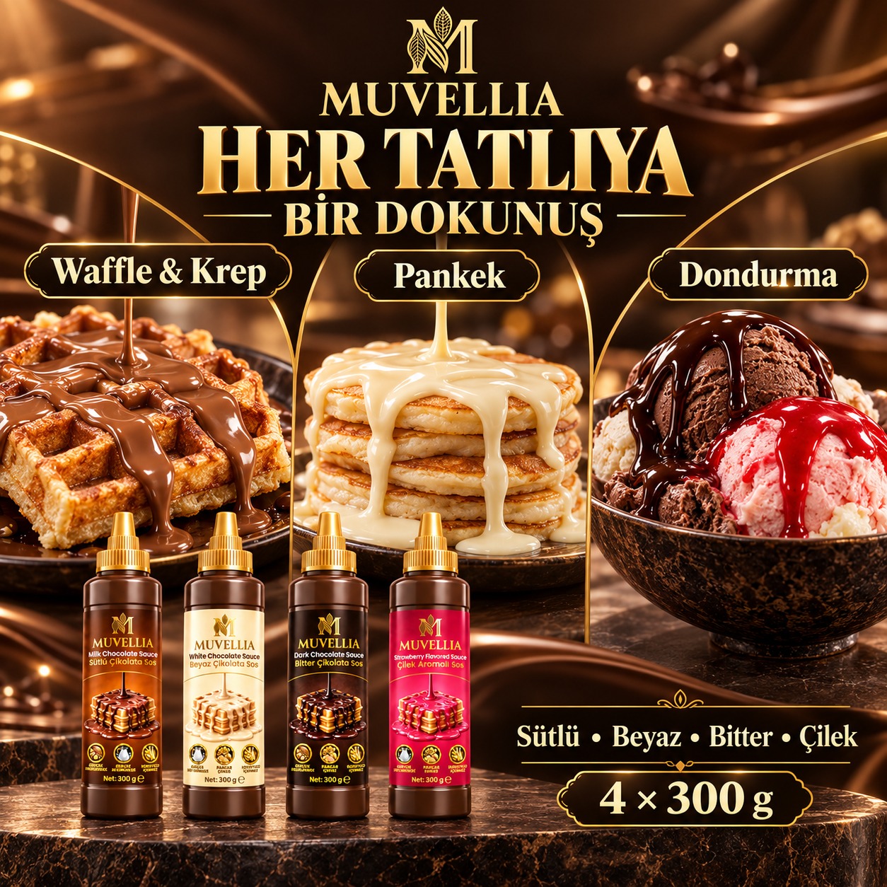 Muvellia 4'lü Set Sosu Waffle Krep Pankek 4 x 300g