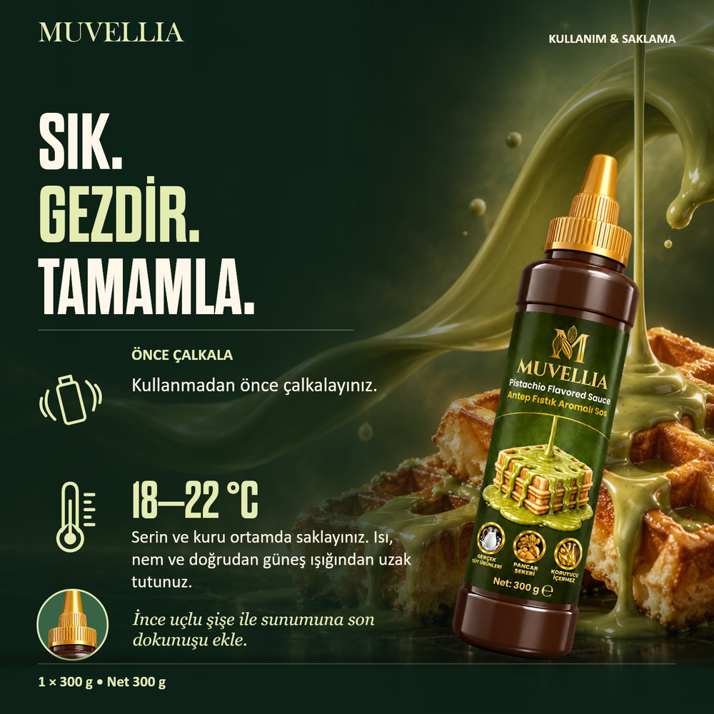 Muvellia Antep Fıstık Aromalı Sos Waffle Krep Pankek 300 g