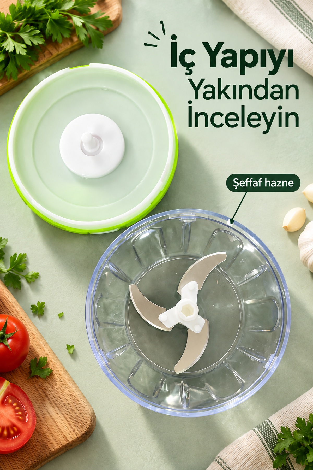 Manuel Sebze Doğrayıcı Çekme Tutacaklı Üç Bıçaklı