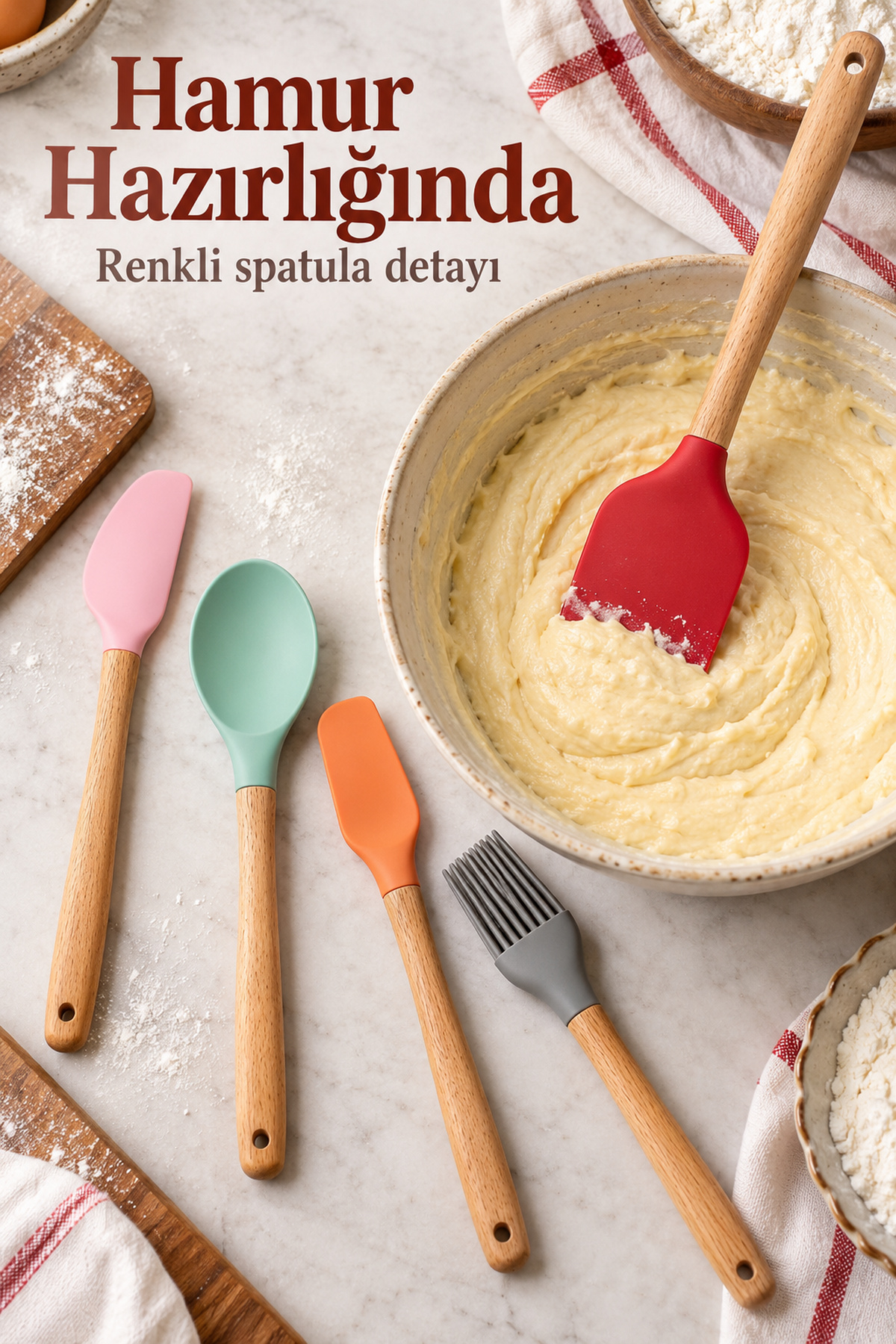 Mutfak Gereçleri Seti Ahşap Görünümlü Saplı Renkli Başlıklar