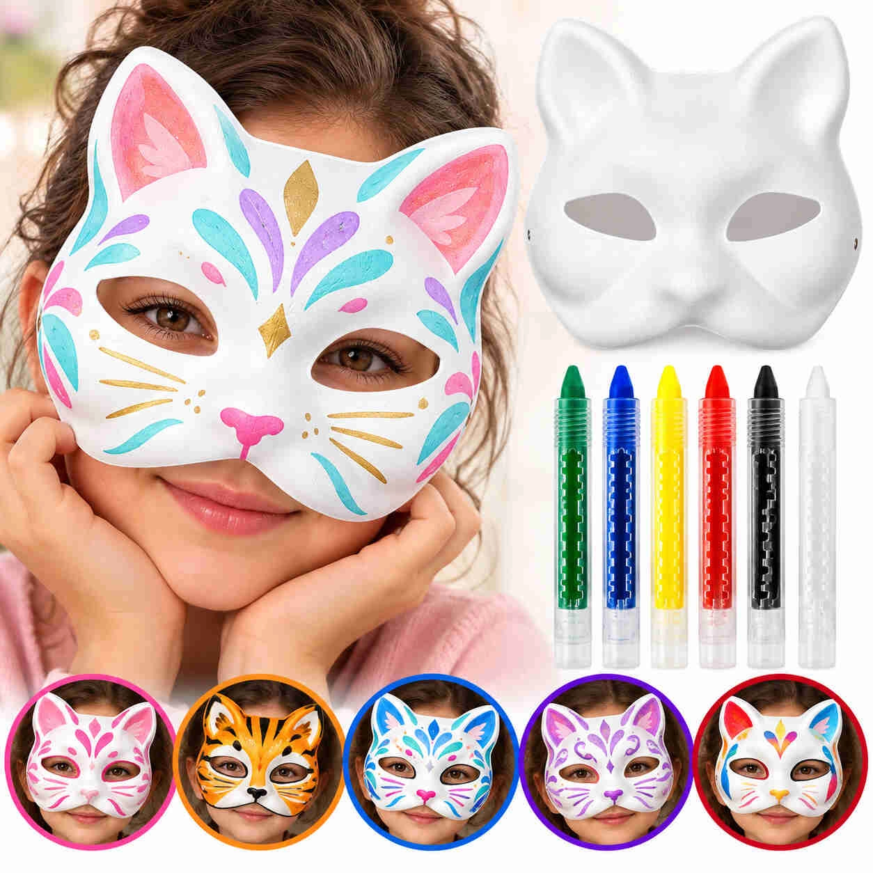 Boyanabilir Kedi Maskesi Ve 6 Renk Boya Kalemi Seti – 7 Parça