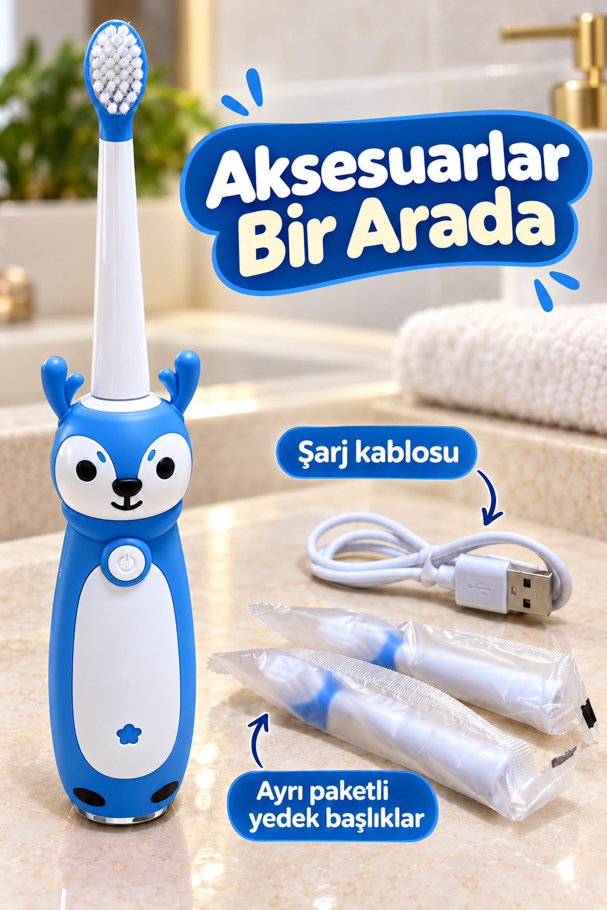 Elektrikli Diş Fırçası Mavi Gövdeli İki Yedek Başlıklı