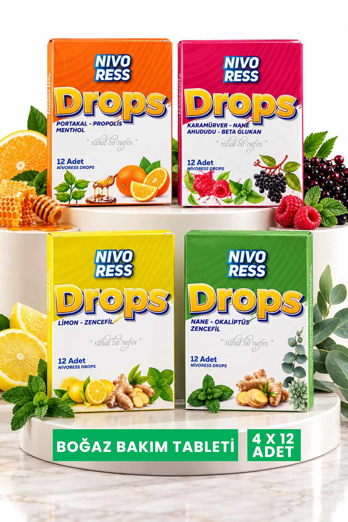 Nivoress Drops Boğaz Pastili ve Şekeri 4 Adet -  Farklı Meyve & Bitki Aroması Çeşidiyle