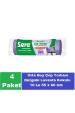 Sera Çöp Torbası Büzgülü Lavanta Kokulu Orta Boy 10 Lu 55 x 60 Cm x 4 Paket