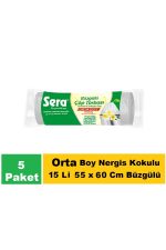 Sera Çöp Torbası Büzgülü Nergis Kokulu Orta Boy 15 Li 55 x 60 Cm x 5 Paket