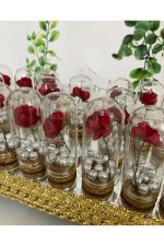 Cam Fanus Kırmızı Gül ve İncili Nikah, Söz, Nişan Hediyelik - 25 Adet