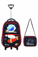 Lisanslı Çekçekli Lacivert Astronot Space İlkokul ve Beslenme Çantası Seti ( Sabit Çekçek + Katlanır Ayak )