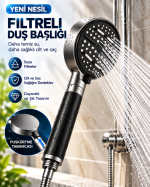 Modern Tasarımlı 6 Modlu Filtreli Duş Başlığı Büyük Panel Metalik Siyah Duş Aparatı