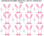 Pembe Tavşan Kostüm Seti – Taç, Papyon, Ponpon (12’li Paket)