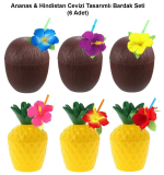 Ananas & Hindistan Cevizi Tasarımlı Pipetli Bardak Seti (6 Adet)