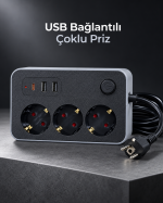 Çalışma Alanlarına Uygun Anahtarlı USB ve Type C Şarj Çıkışlı Kablolu Çoklu Priz
