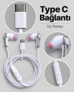 Kumandalı ve Silikon Başlıklı Beyaz Type C Kablolu Kulaklık