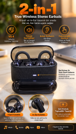 2’si 1 Arada Kablosuz Bluetooth Kulaklık 4 Kulaklıklı Klipsli ve Kulak İçi Tasarım Hi Fi Ses Dokunmatik Kontrol V5.4 Şarj Kutulu Siyah
