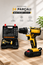 Metal Dişli 24W Akülü Matkap -Çift Bataryalı ve LED Çalışma Işığı ile Tam Set