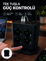 Akım Korumalı 8'li Dikey Priz 4 USB 2 Type-C Hızlı Şarj Destekli Çoklu Priz