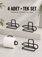 Duvara Yapışkanlı WC Kağıtlık Siyah Metal 4 Adet Tuvalet Kağıdı Rulo Askısı