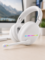 Bluetooth 5.0 Beyaz Kulak Üstü Kablosuz Kulaklık Mikrofonlu RGB Aydınlatmalı