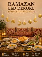 Minareli Hilal LED Işık Gold Metal Gövdeli Pilli Ramazan Dekoru