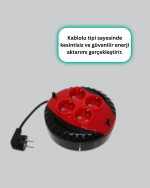 Kırmızı Renk 5 Metre 4’lü Kablolu Priz Makarası
