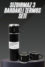 Termos Seti Paslanmaz Çelik 3 Bardaklı Vakumlu Termos Set 500 Ml 12 Saate Kadar Isı Koruma