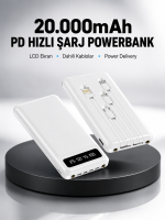 LED Işıklı 20.000mAh Powerbank LCD Gösterge Dahili Çoklu Kablo Yeni Nesil