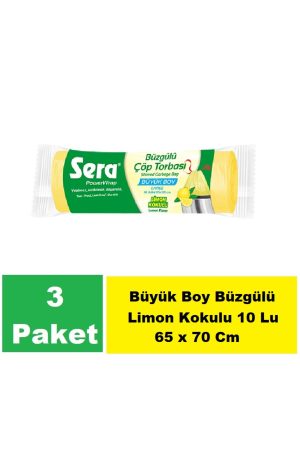 Sera Çöp Torbası Büzgülü Limon Kokulu Büyük  Boy 10 Lu 65 x 70 Cm x 3 Paket