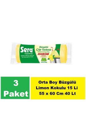 Sera Çöp Torbası Büzgülü Limon Kokulu Orta Boy 15 Li 55 x 60 Cm x 3 Paket