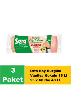 Sera Çöp Torbası Büzgülü Vanilya Kokulu Orta Boy 15 Li 55 x 60 Cm x 3 Paket