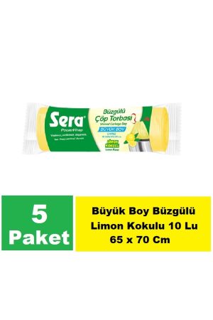 Çöp Torbası Büzgülü Limon Kokulu Büyük Boy 10 Lu 65 x 70 Cm x 5 Paket