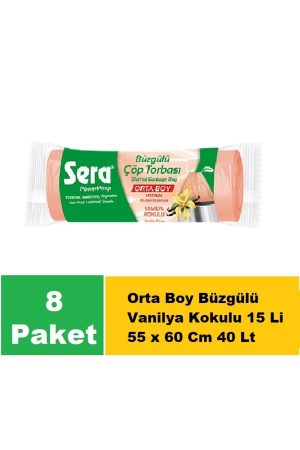 Sera Çöp Torbası Büzgülü Vanilya Kokulu Orta Boy 15 Li 55 x 60 Cm x 8 Paket