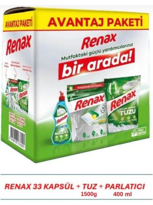 Renax Avantajlı Paket 3 lü Set Bulaşık Makinesi Kapsülü 33 Lü Tuzu 1,5 Kg Parlatıcı 400 Ml