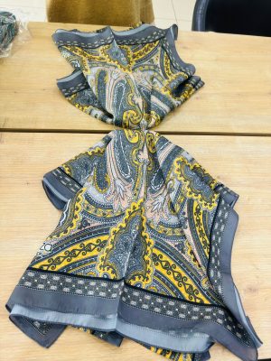 Bilmar İpek Vual Osmanlı Desenli Fular Bandana Estascarf 50 X 150 Cm/Füme Sarı/Osmanlı Barok