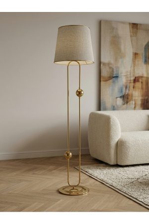 SCEPTRUM GOLD METAL LAMBADER | KETEN GOLD ŞERİT KUMAŞ BAŞLIK SALON LAMBASI | AYAKLI AYDINLATMA