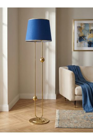 SCEPTRUM GOLD METAL LAMBADER | MAVİ GOLD ŞERİT KUMAŞ BAŞLIK SALON LAMBASI | AYAKLI AYDINLATMA