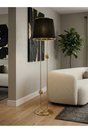 SCEPTRUM GOLD METAL LAMBADER | SİYAH GOLD ŞERİT KUMAŞ BAŞLIK | SALON LAMBASI AYAKLI AYDINLATMA