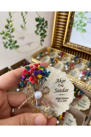 Çiçekli Epoksi Magnet Kutulu Nikah, Söz, Nişan Hediyelik - 50 Adet