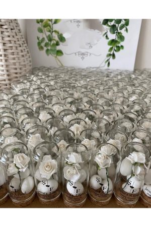 Cam Fanus Beyaz Gül ve Fıstık Şekerli Nikah, Söz, Nişan Hediyelik - 50 Adet