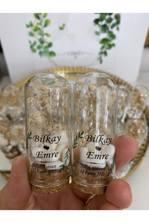 Cam Fanus Krem Cipso Çiçekli ve Kalp Şekerli Nikah, Söz, Nişan Hediyelik - 50 Adet