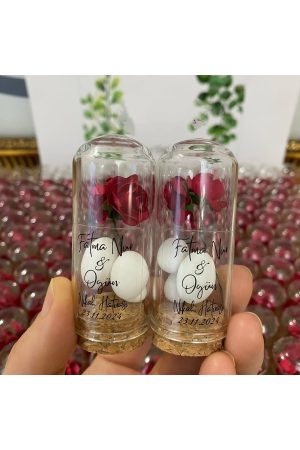 Cam Fanus Kırmızı Gül ve Fıstık Şekerli Nikah, Söz, Nişan Hediyelik - 25 Adet
