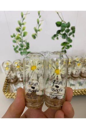 Cam Fanus Papatya Çiçek ve Kalp Şekerli Nikah, Söz, Nişan Hediyelik - 50 Adet