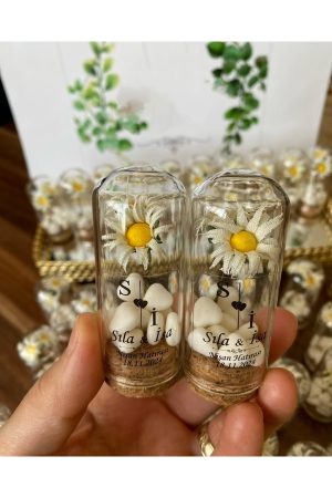 Cam Fanus Papatya Çiçek ve Kalp Şekerli Nikah, Söz, Nişan Hediyelik - 50 Adet