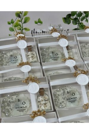 Epoksi ve Mantar Şişe Kalp Şekerli Set Nikah, Söz, Nişan Hediyelik - 50 Adet