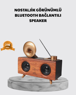 Nostaljik Gramofon Bluetooth Hoparlör – FM Radyo + USB + SD Kart Destekli