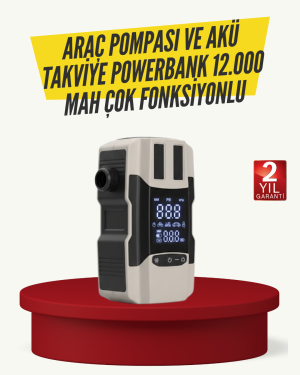Araç Lastik Şişirme Pompası ve Akü Takviye Powerbank Bir Arada