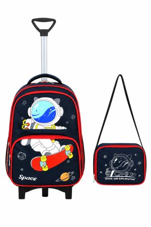 Lisanslı Çekçekli Lacivert Astronot Space İlkokul ve Beslenme Çantası Seti ( Sabit Çekçek + Katlanır Ayak )